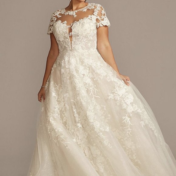 oleg cassini cap sleeve illusion wedding dress